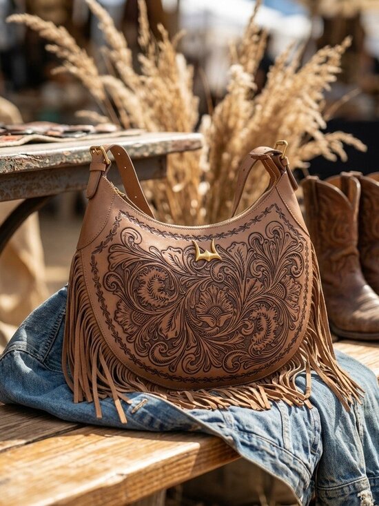 Myra Bag Handbags - Western Lulella Hand tooled Leather Fringe Crossbody